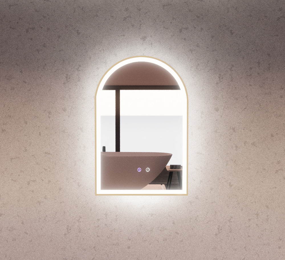 RIVA AR2 FRAMED ARCH LED MIRROR 3 COLOUR LIGHTS GOLD 600X900MM