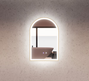 RIVA AR2 FRAMED ARCH LED MIRROR 3 COLOUR LIGHTS GOLD 600X900MM