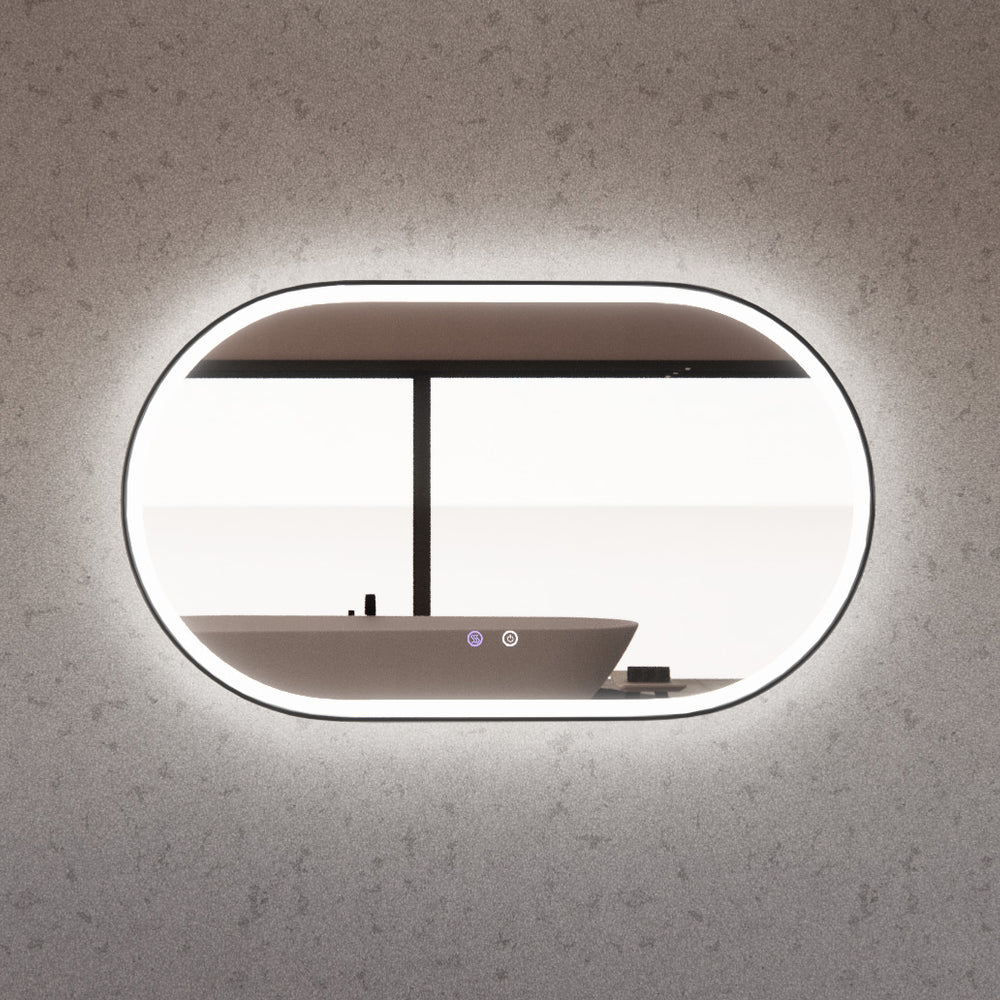 RIVA O1 FRAMED OVAL LED MIRROR 3 COLOUR LIGHTS BLACK 1200X700MM