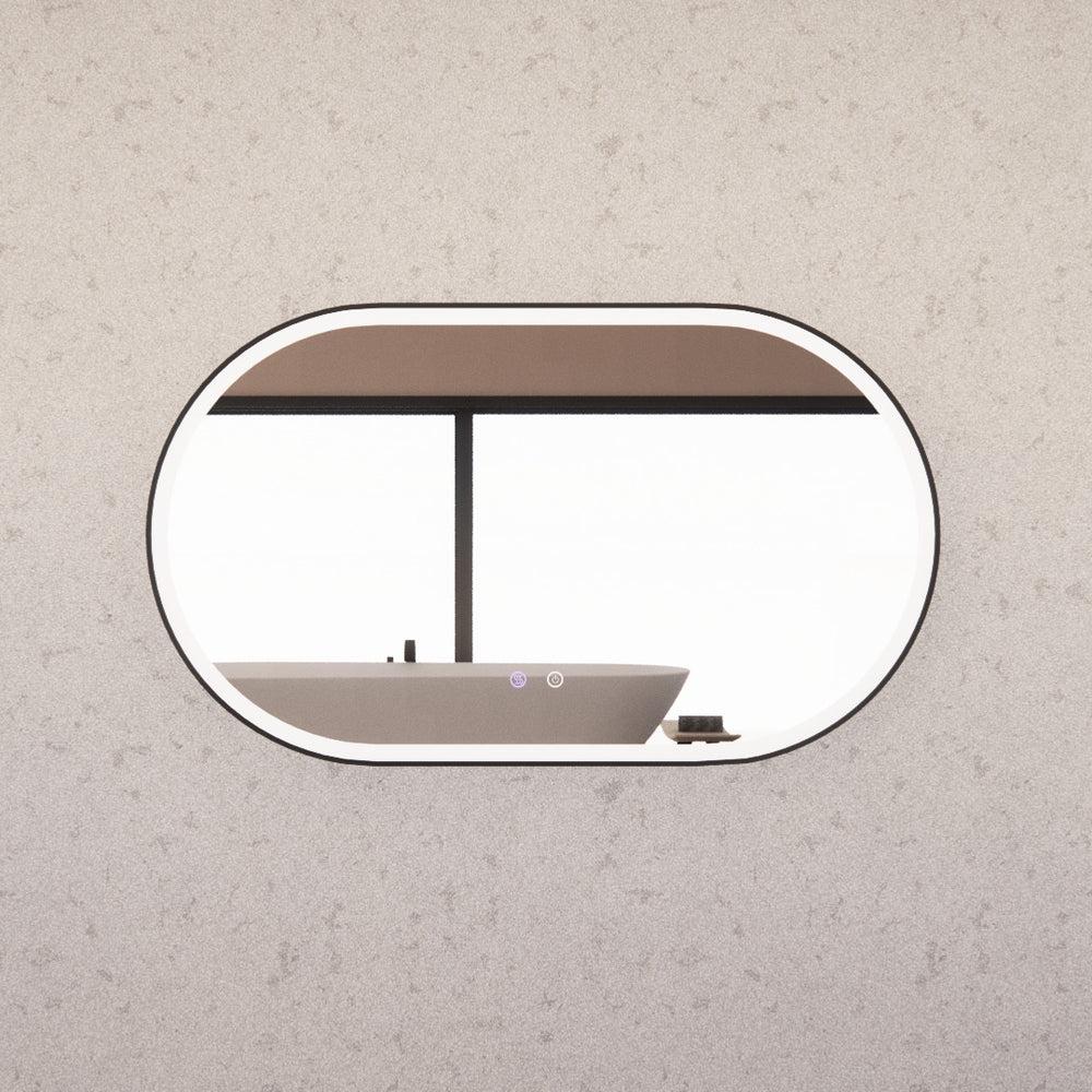 RIVA O1 FRAMED OVAL LED MIRROR 3 COLOUR LIGHTS BLACK 1200X700MM