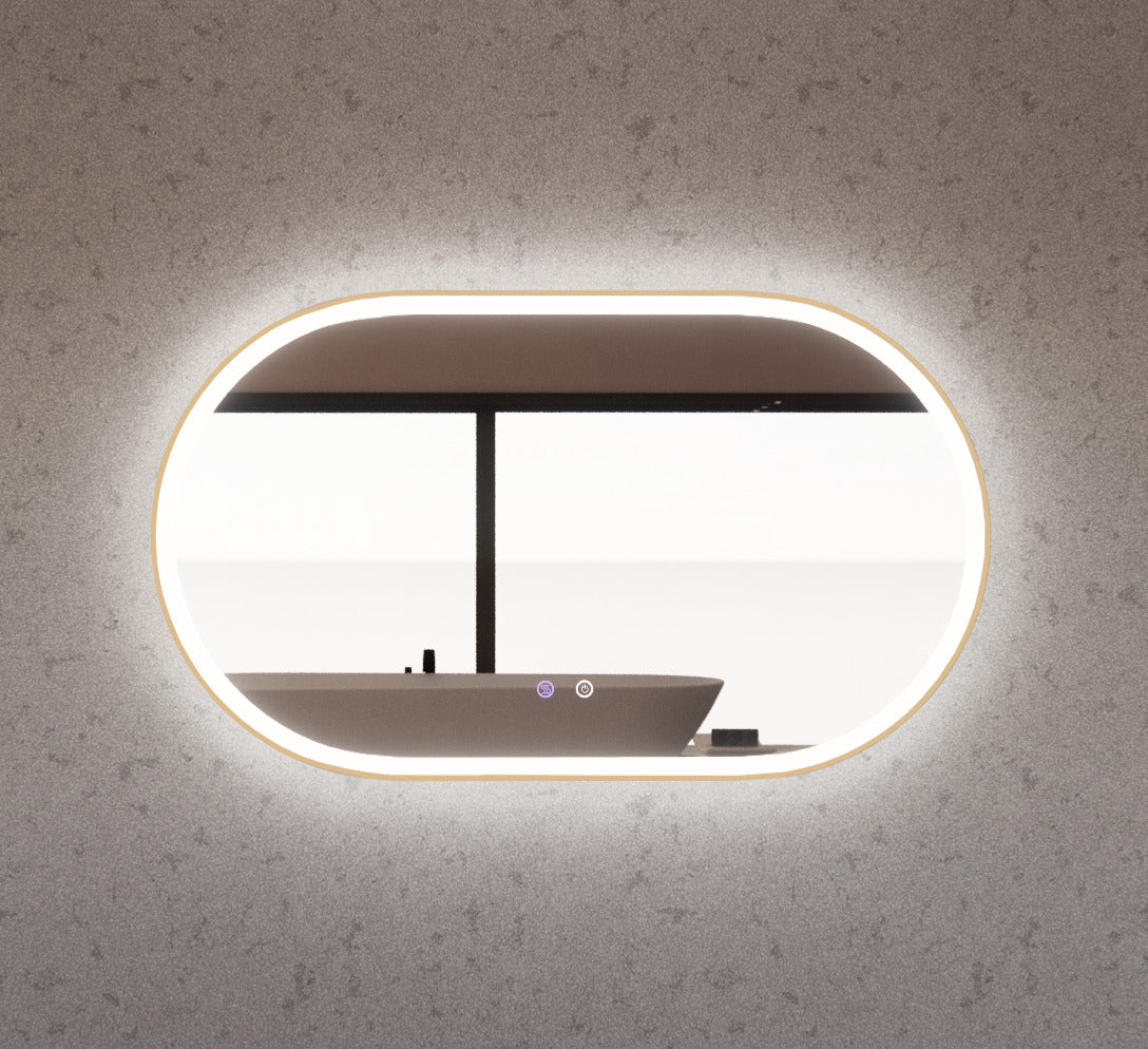 RIVA O1 FRAMED OVAL LED MIRROR 3 COLOUR LIGHTS GOLD 1200X700MM