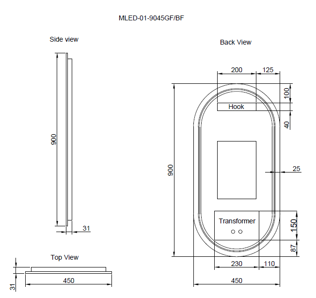 RIVA O1 FRAMED OVAL LED MIRROR 3 COLOUR LIGHTS BLACK 450X900MM