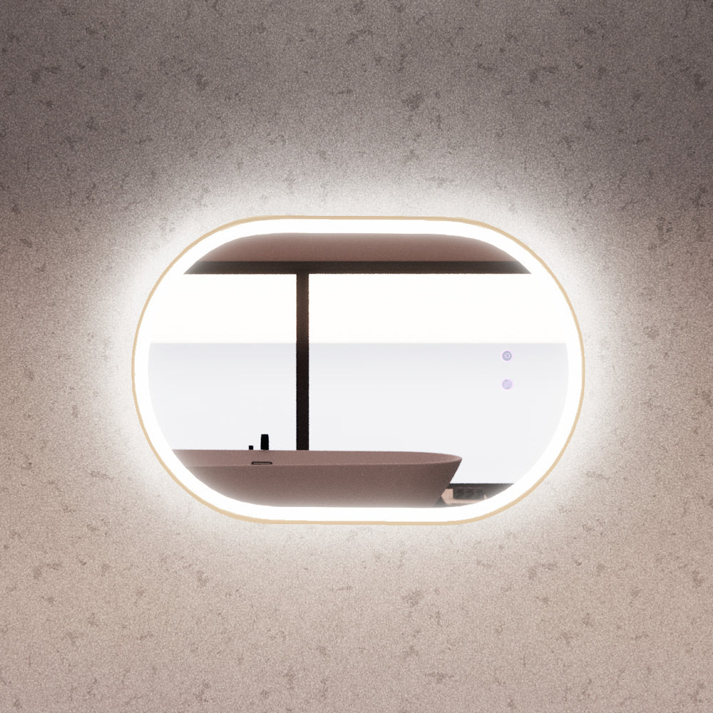 RIVA O1 FRAMED OVAL LED MIRROR 3 COLOUR LIGHTS GOLD 600X900MM