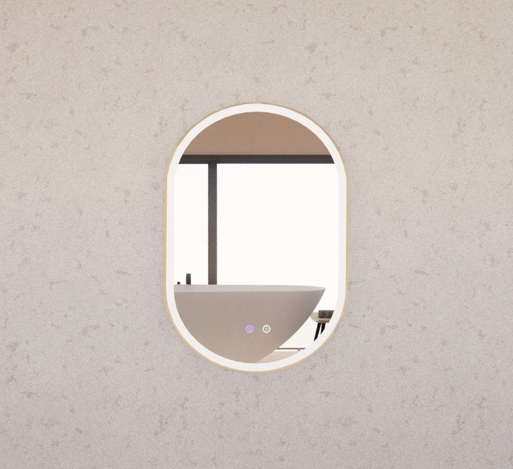 RIVA O1 FRAMED OVAL LED MIRROR 3 COLOUR LIGHTS GOLD 600X900MM