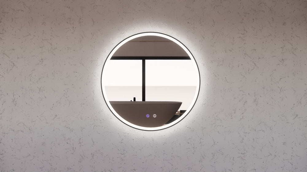 RIVA R3 FRAMED ROUND LED MIRROR 3 COLOUR LIGHTS BLACK 800X800MM