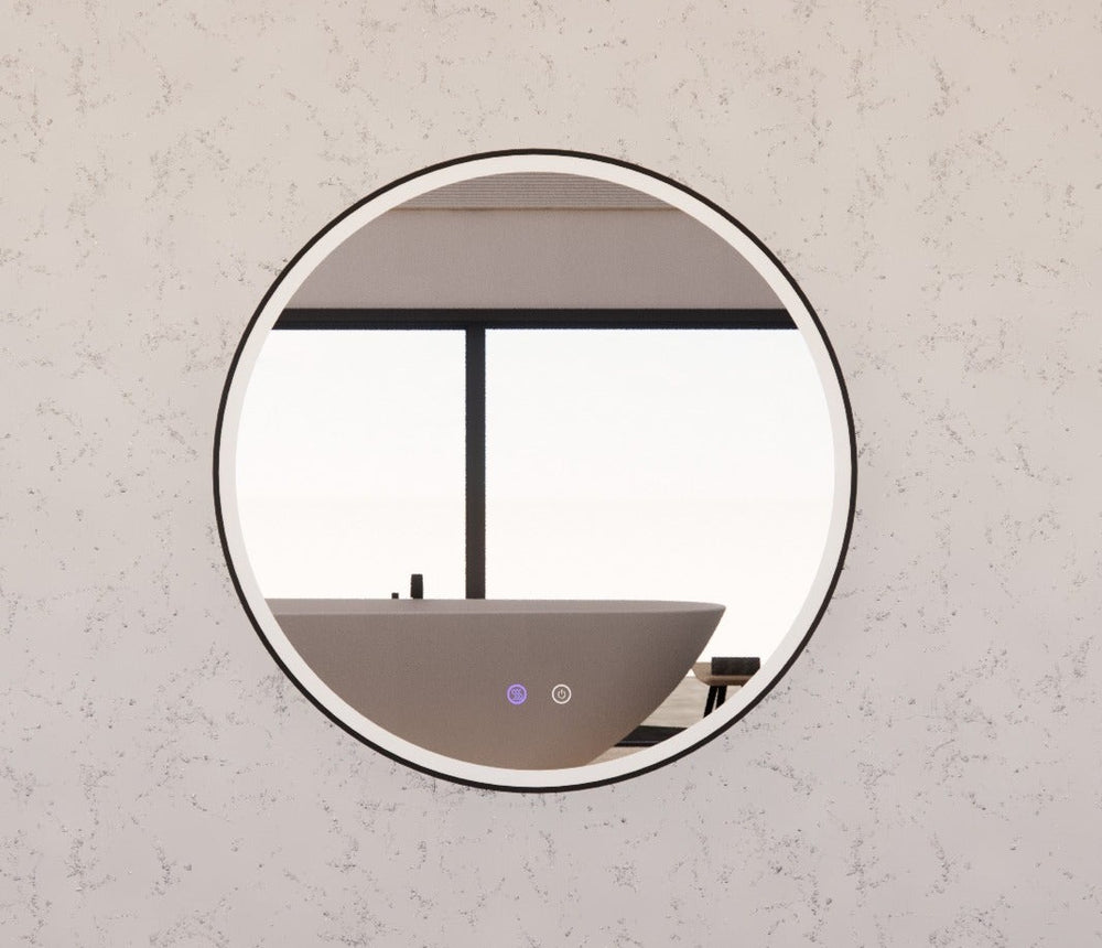 RIVA R3 FRAMED ROUND LED MIRROR 3 COLOUR LIGHTS BLACK 600X600MM