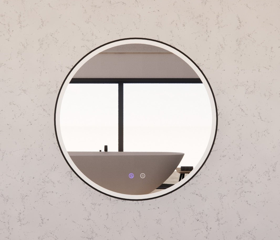 RIVA R3 FRAMED ROUND LED MIRROR 3 COLOUR LIGHTS BLACK 600X600MM