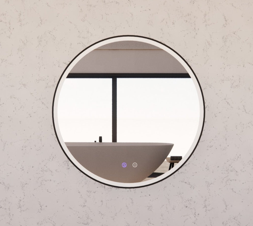 RIVA R3 FRAMED ROUND LED MIRROR 3 COLOUR LIGHTS BLACK 800X800MM
