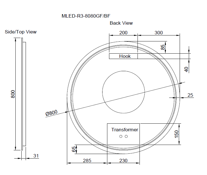 RIVA R3 FRAMED ROUND LED MIRROR 3 COLOUR LIGHTS BLACK 800MM