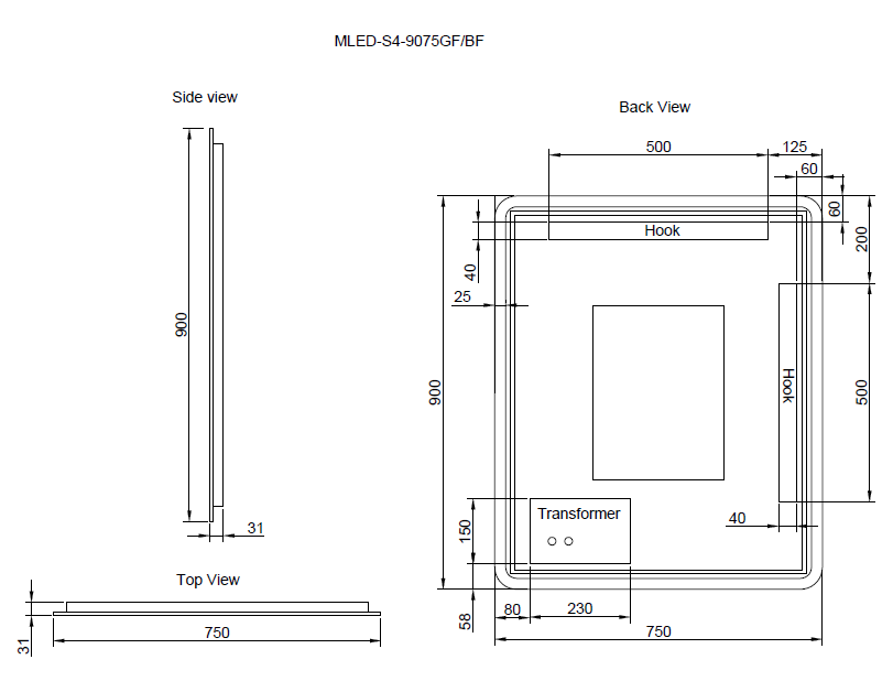 RIVA S4 FRAMED RECTANGLE LED MIRROR 3 COLOUR LIGHTS BLACK 750X900MM