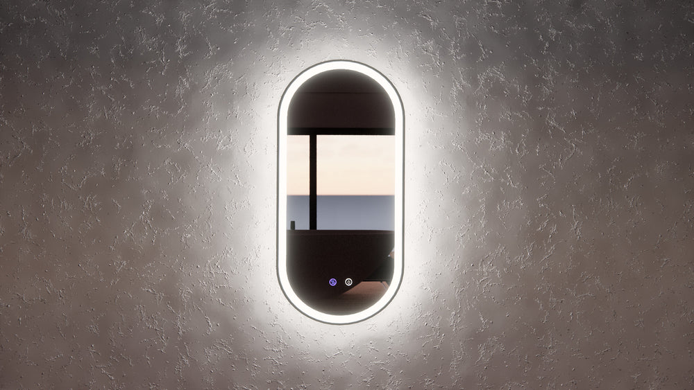 RIVA O1 FRAMED OVAL LED MIRROR 3 COLOUR LIGHTS BLACK 450X900MM