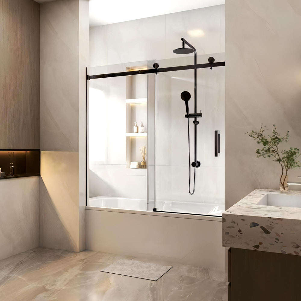 COVEY WALL TO WALL FRAMELESS SINGLE SLIDING DOOR BATH SCREEN MATTE BLACK