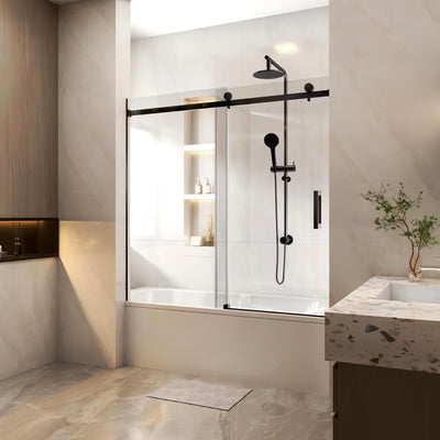 COVEY WALL TO WALL FRAMELESS SINGLE SLIDING DOOR BATH SCREEN MATTE BLACK