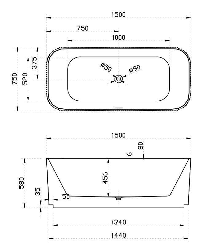 RIVA MILANO V-GROOVE FREESTANDING BATHTUB GLOSS WHITE 1500MM