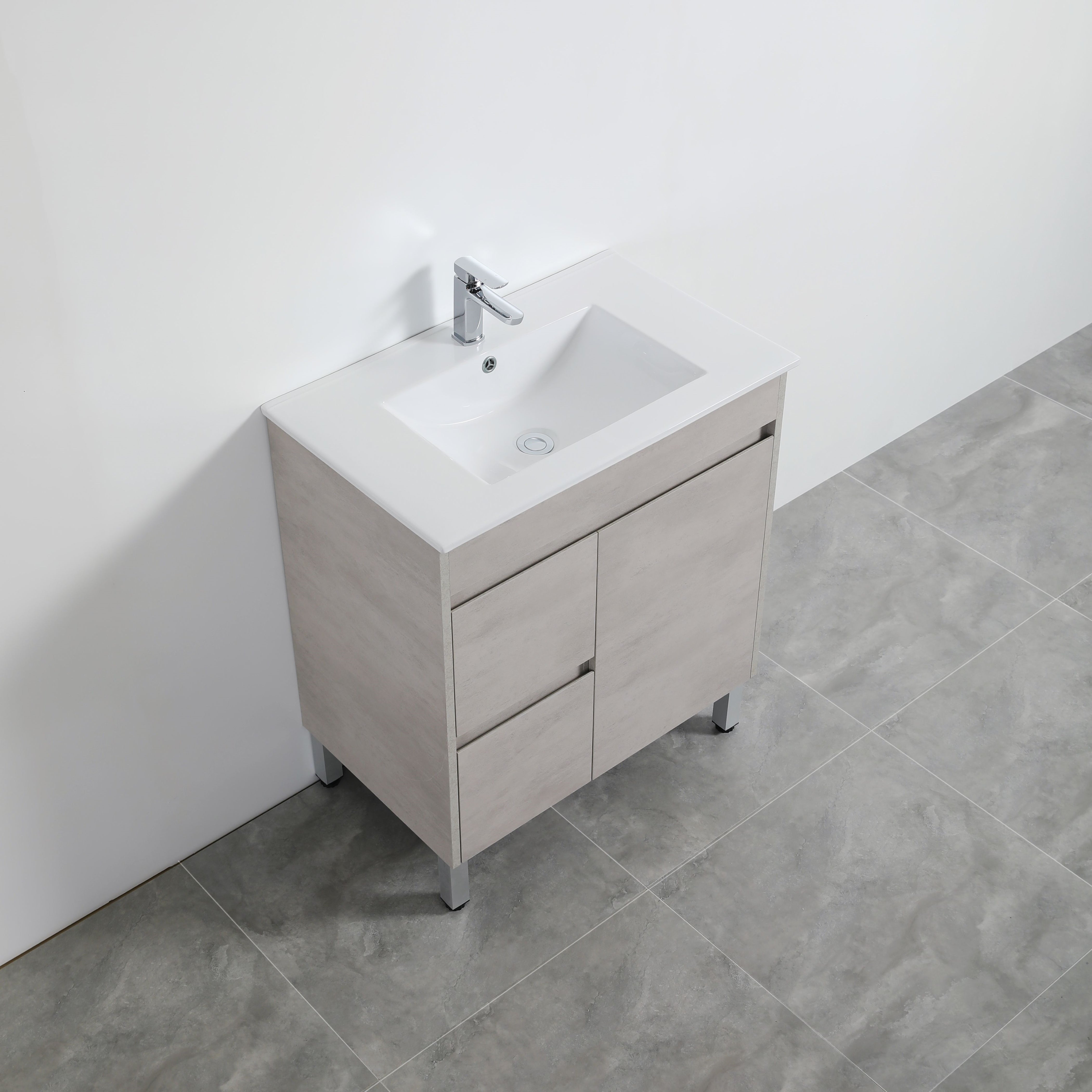 POSEIDON NOVA PLYWOOD CONCRETE GREY 750MM FLOOR STANDING VANITY (AVAILABLE IN LEFT HAND DRAWER AND RIGHT HAND DRAWER)