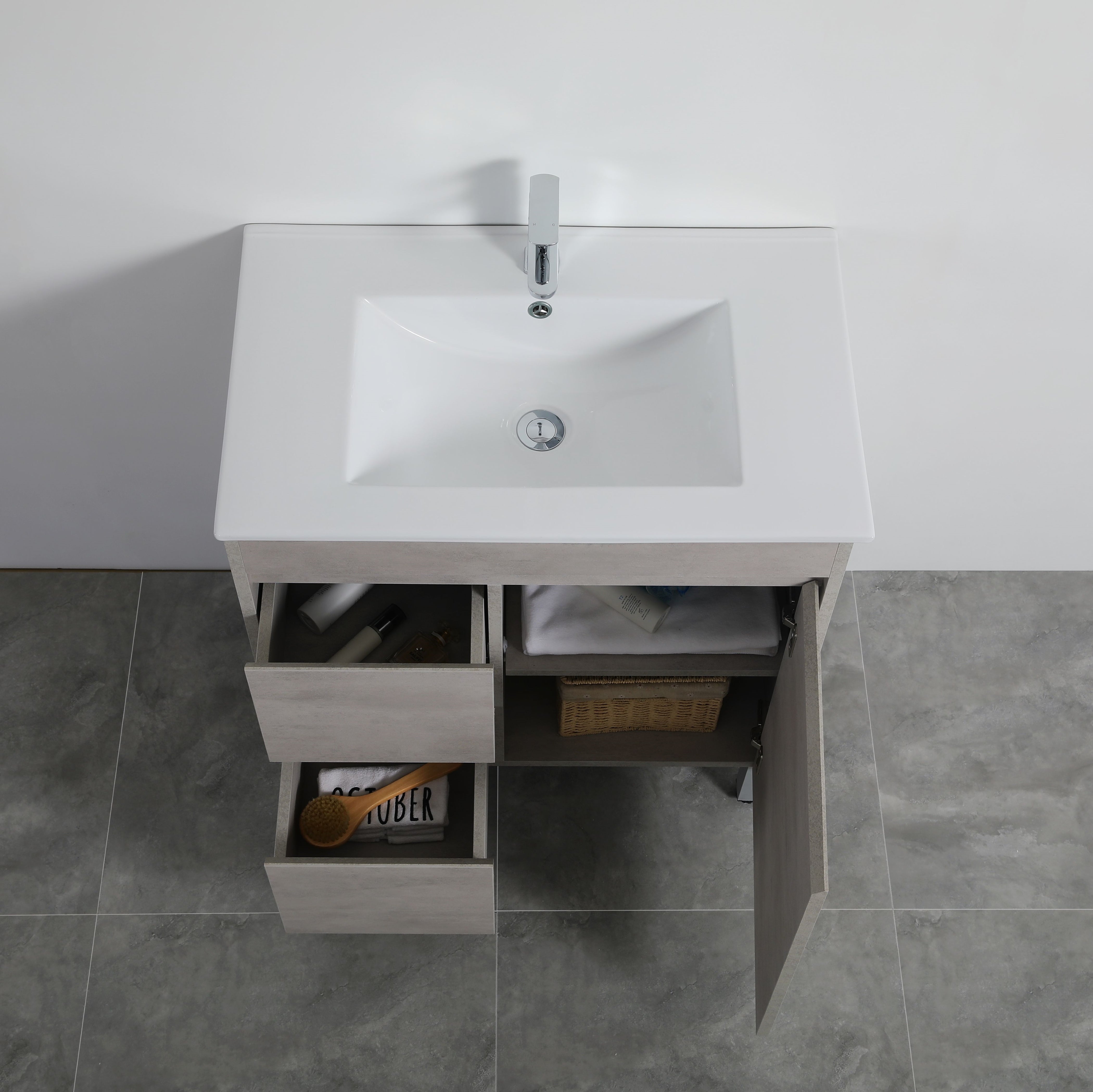 POSEIDON NOVA PLYWOOD CONCRETE GREY 750MM FLOOR STANDING VANITY (AVAILABLE IN LEFT HAND DRAWER AND RIGHT HAND DRAWER)