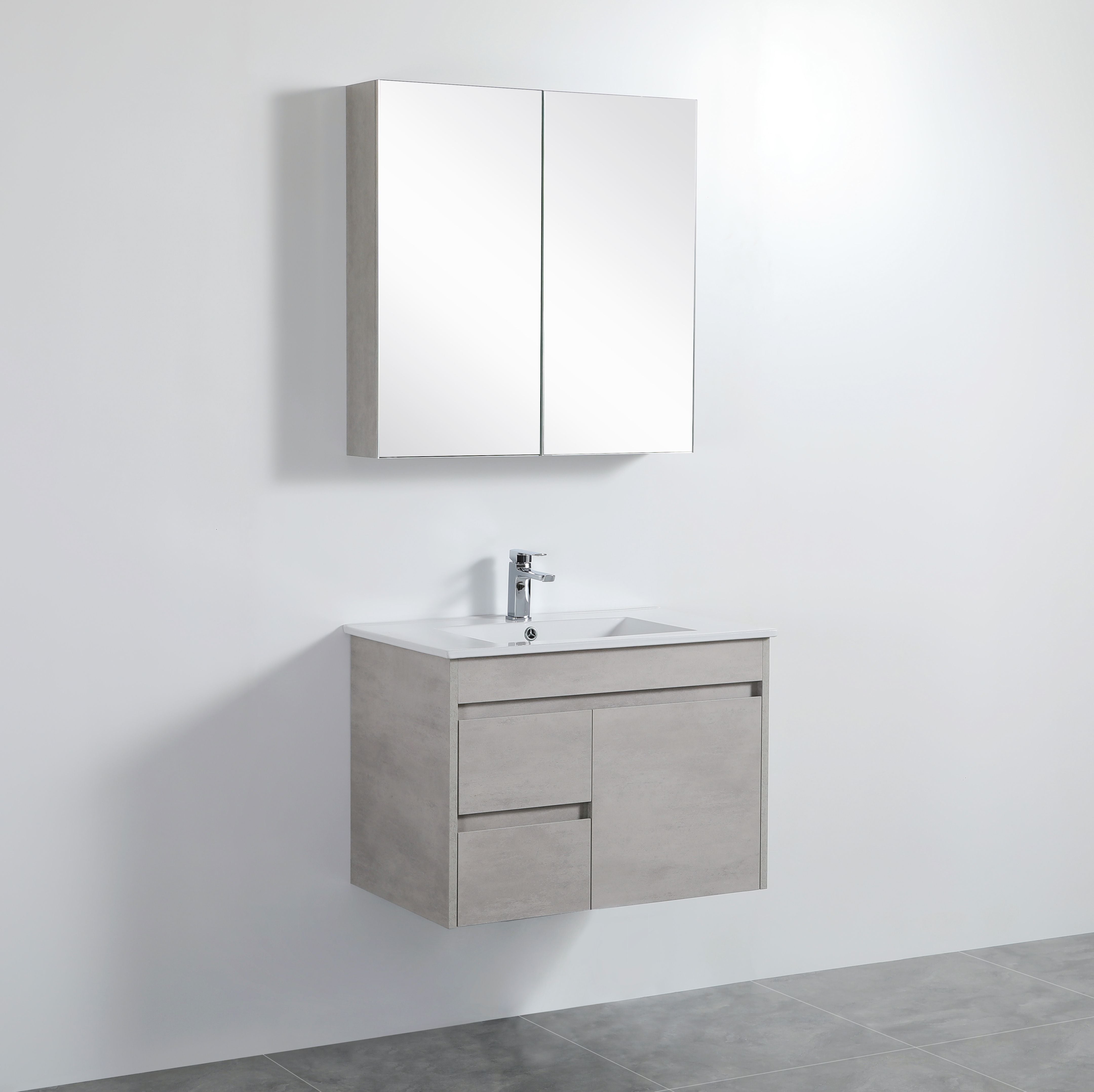 POSEIDON NOVA PLYWOOD CONCRETE GREY 750MM WALL HUNG VANITY (AVAILABLE IN LEFT HAND DRAWER AND RIGHT HAND DRAWER)