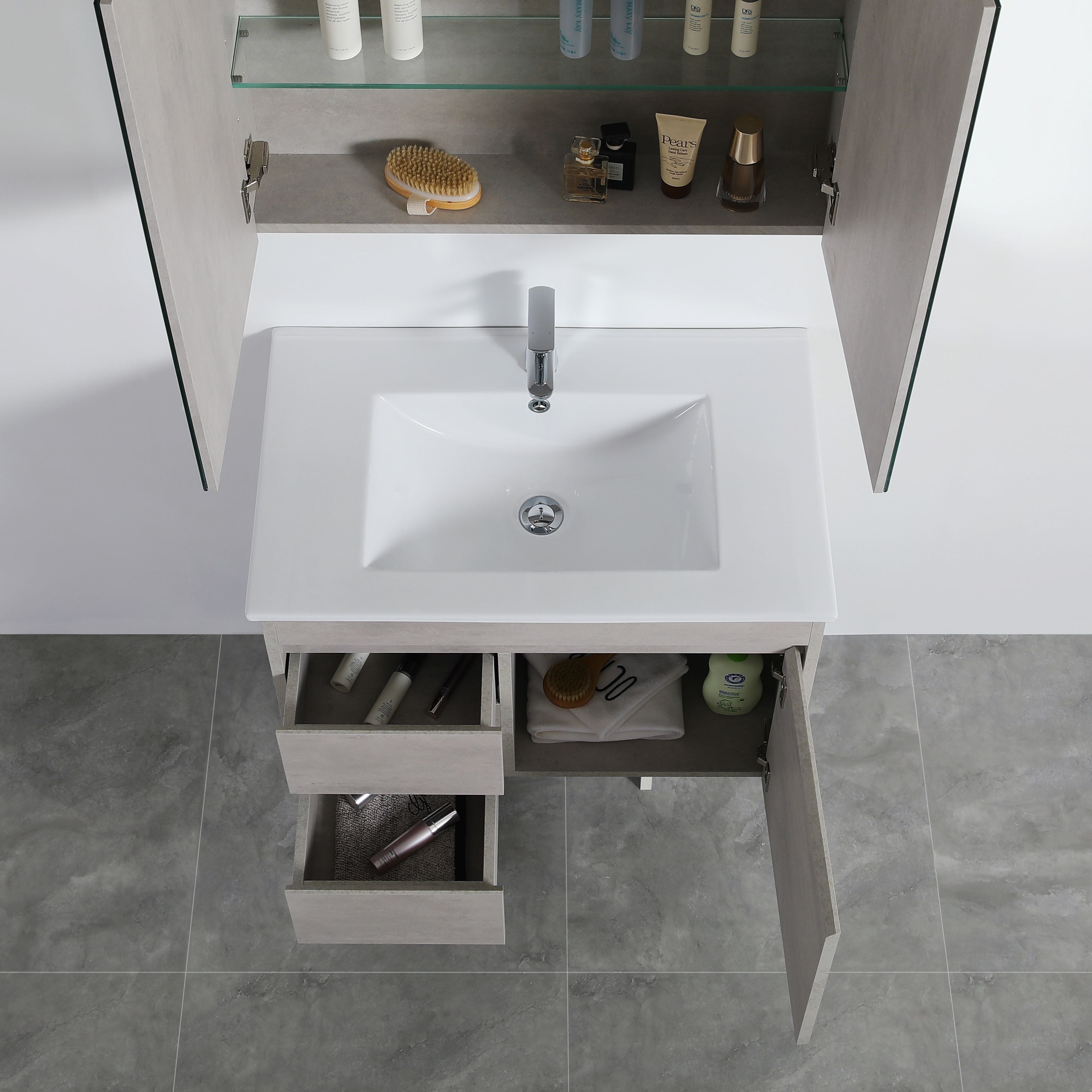 POSEIDON NOVA PLYWOOD CONCRETE GREY 750MM WALL HUNG VANITY (AVAILABLE IN LEFT HAND DRAWER AND RIGHT HAND DRAWER)