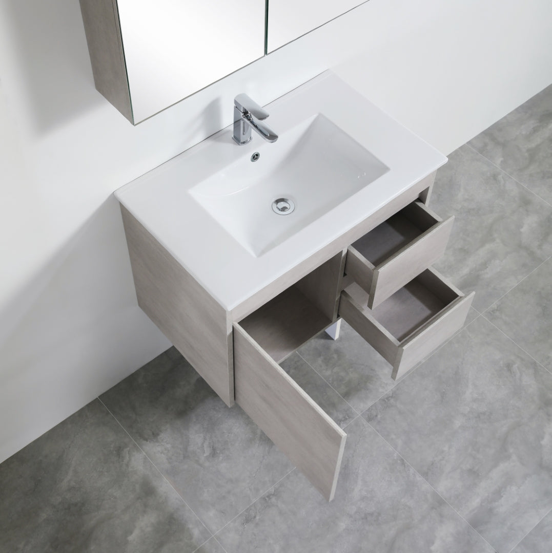 POSEIDON NOVA PLYWOOD CONCRETE GREY 750MM WALL HUNG VANITY (AVAILABLE IN LEFT HAND DRAWER AND RIGHT HAND DRAWER)