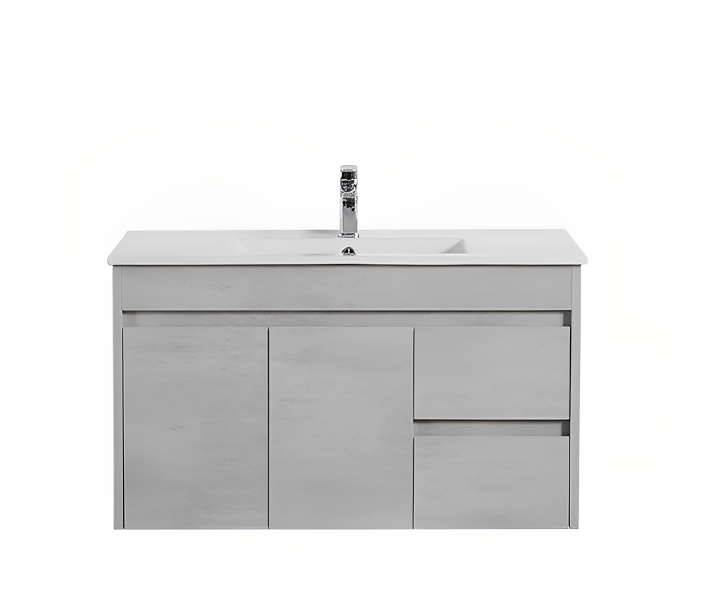 POSEIDON NOVA PLYWOOD CONCRETE GREY 900MM WALL HUNG VANITY (AVAILABLE IN LEFT HAND DRAWER AND RIGHT HAND DRAWER)