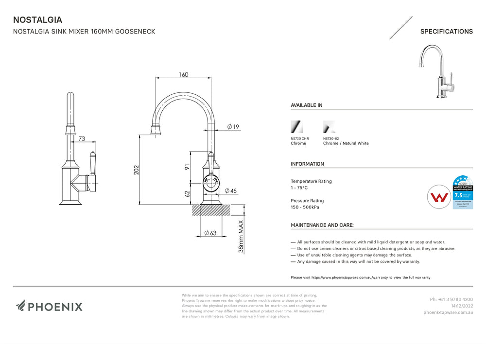 PHOENIX NOSTALGIA GOOSENECK SINK MIXER 160MM CHROME