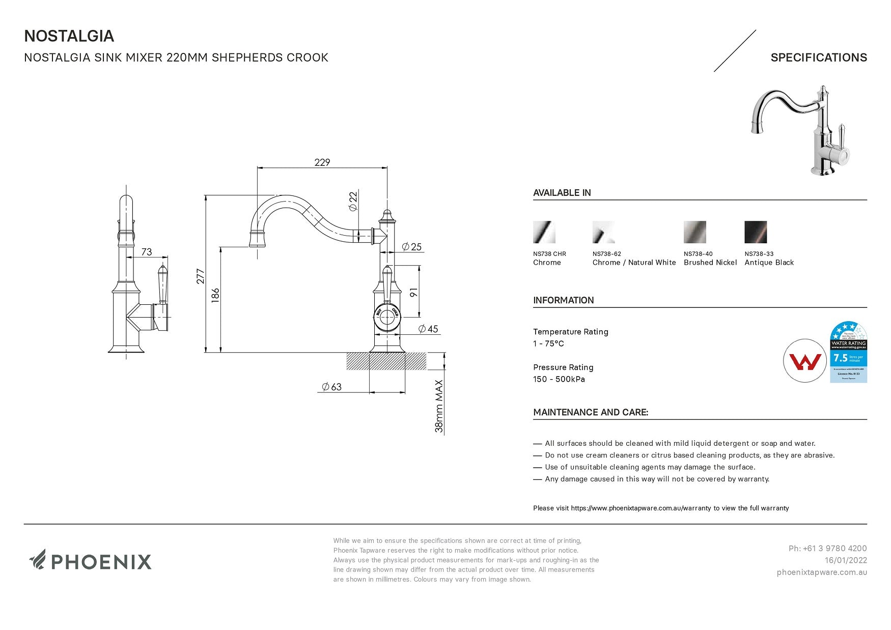 PHOENIX NOSTALGIA SINK MIXER 227MM SHEPHERDS CROOK CHROME