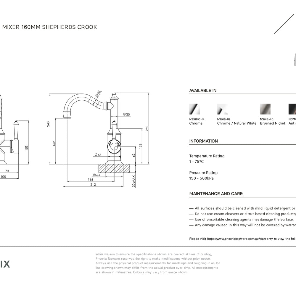 PHOENIX NOSTALGIA LEAD FREE BASIN MIXER 160MM SHEPHERDS CROOK BRUSHED NICKEL
