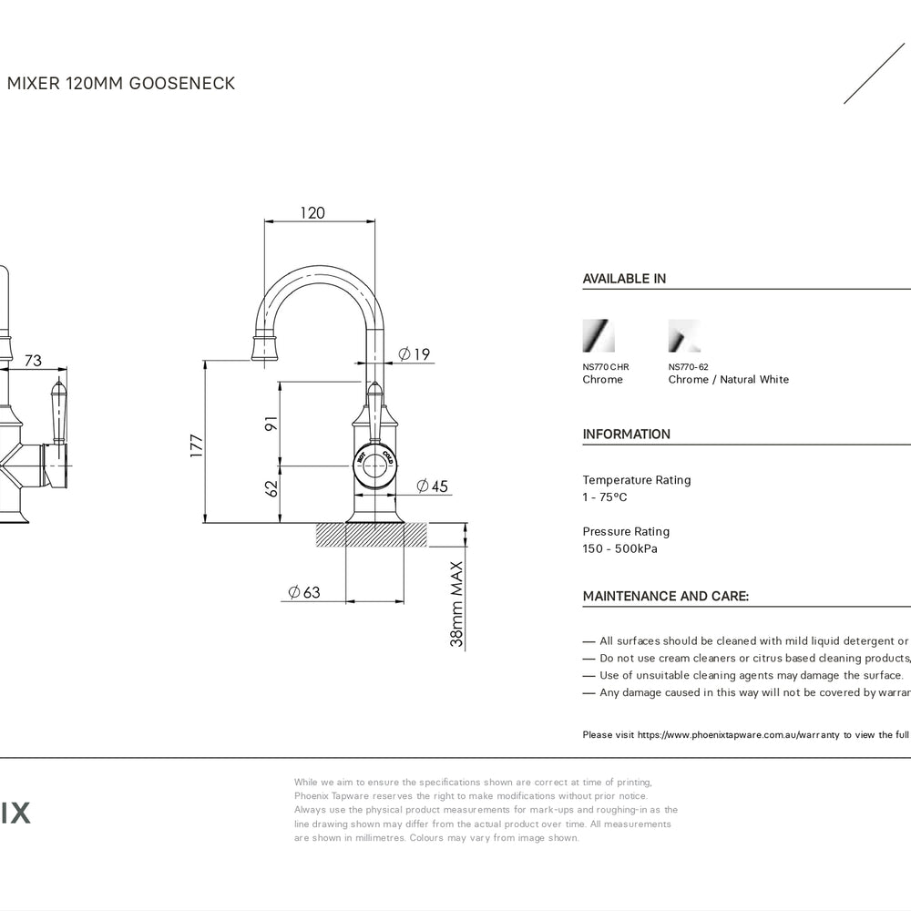 PHOENIX NOSTALGIA BASIN MIXER 120MM GOOSENECK CHROME