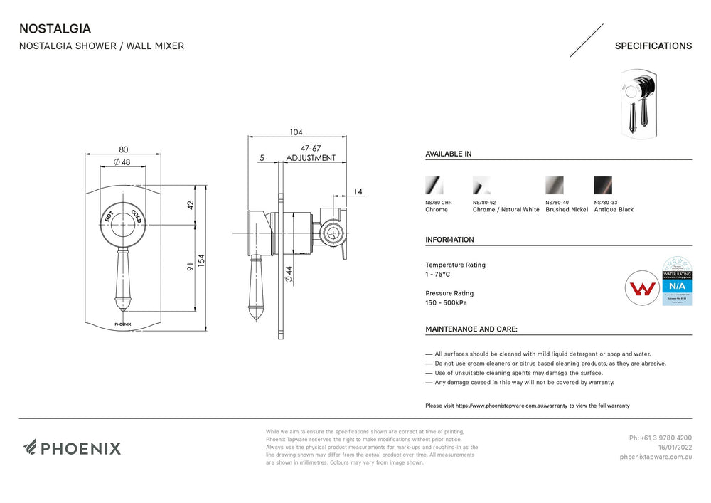 PHOENIX NOSTALGIA SHOWER / WALL MIXER 154MM CHROME AND WHITE