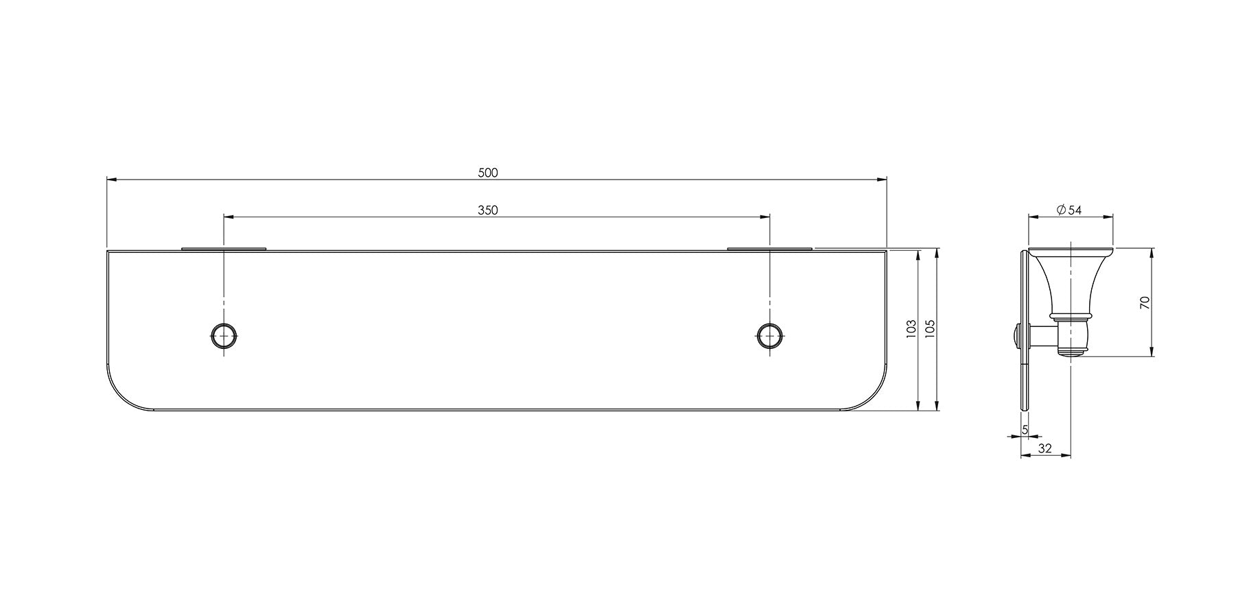 PHOENIX NOSTALGIA GLASS SHELF BRUSHED NICKEL 500MM