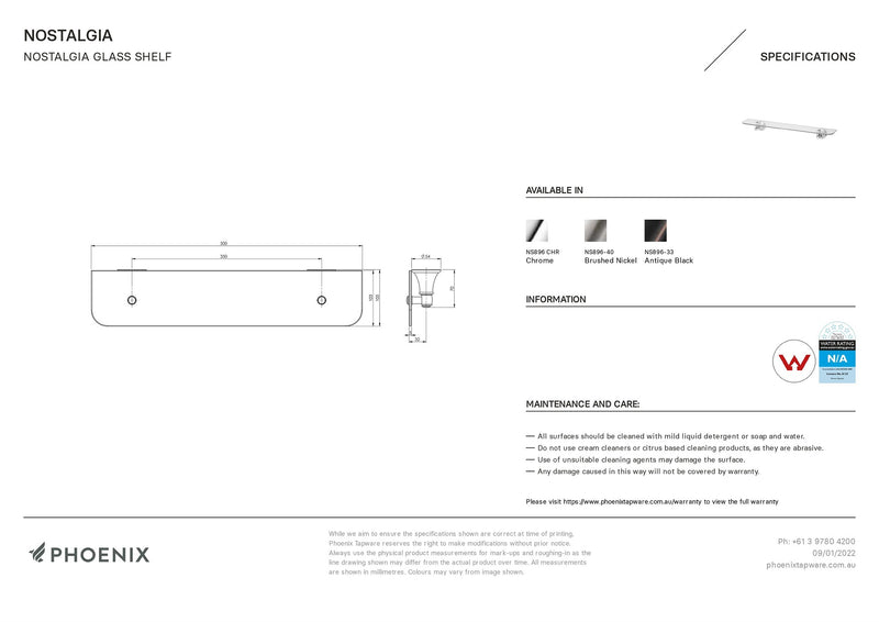 PHOENIX NOSTALGIA GLASS SHELF CHROME 500MM