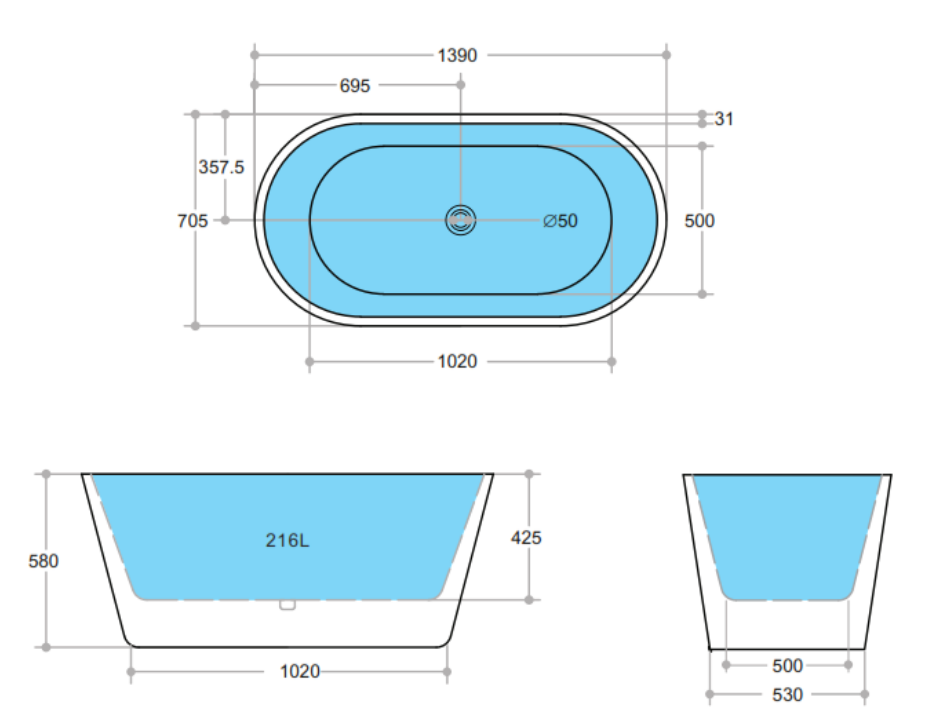 POSEIDON OVIA FREE STANDING BATH GLOSS WHITE (AVAILABLE IN 1200MM, 1300MM, 1400MM, 1500MM AND 1700MM)