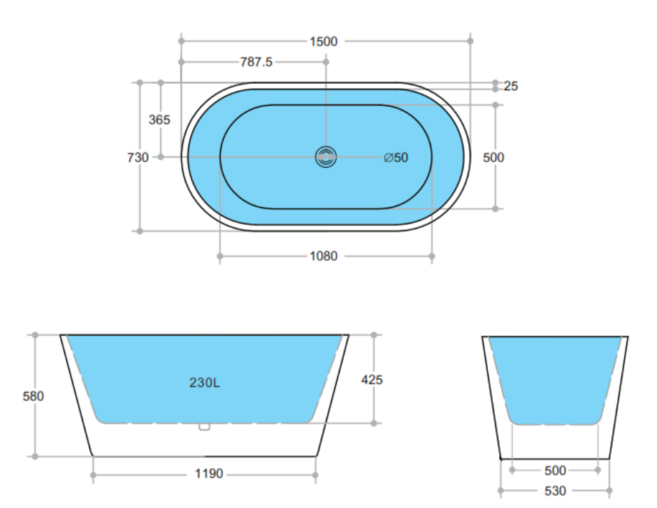 POSEIDON OVIA FREE STANDING BATH GLOSS WHITE (AVAILABLE IN 1200MM, 1300MM, 1400MM, 1500MM AND 1700MM)