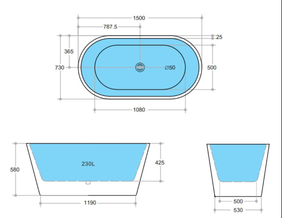 POSEIDON OVIA FREESTANDING BATHTUB GLOSS BLACK AND WHITE (AVAILABLE IN 1500MM AND 1700MM)