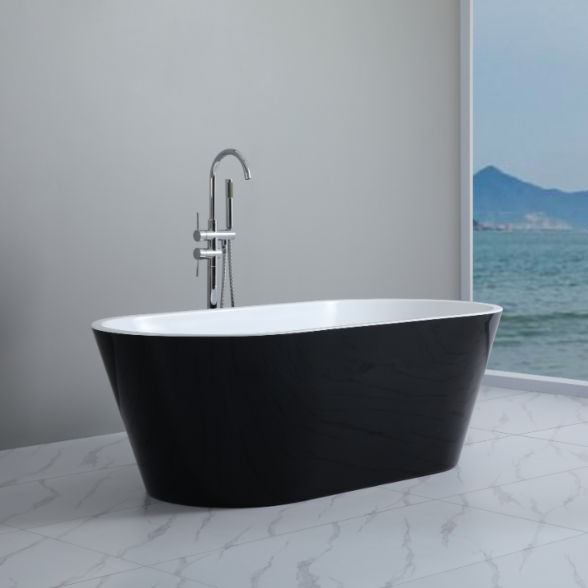 POSEIDON OVIA FREESTANDING BATHTUB GLOSS BLACK AND WHITE (AVAILABLE IN 1500MM AND 1700MM)