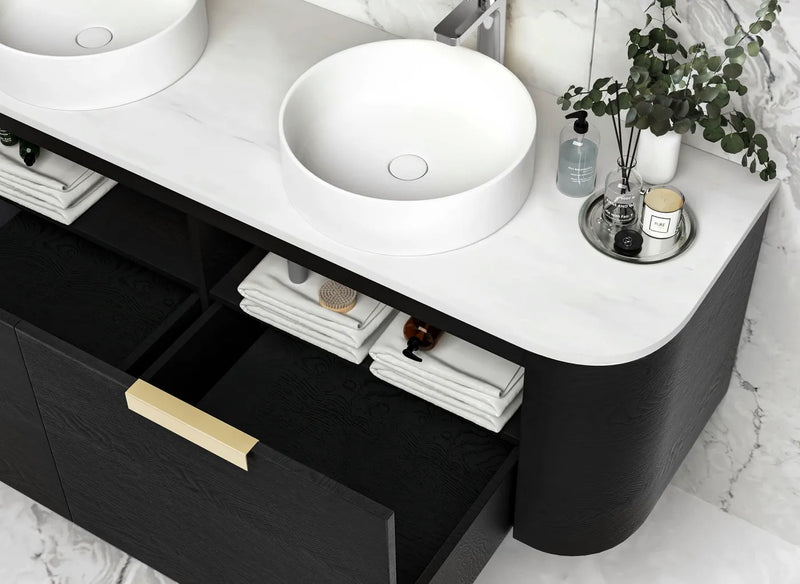 OTTI BONDI BLACK OAK 1500MM CURVE DOUBLE BOWL WALL HUNG VANITY