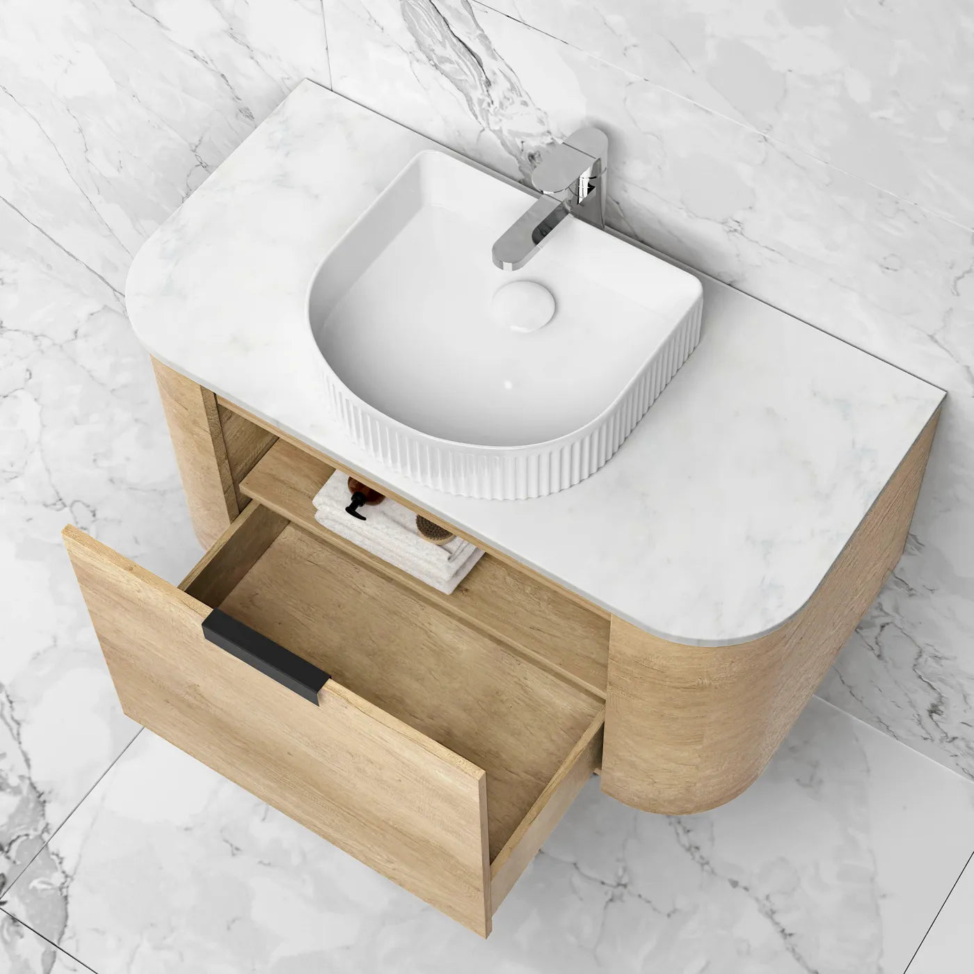 OTTI BONDI NATURAL OAK 900MM CURVE SINGLE BOWL WALL HUNG VANITY