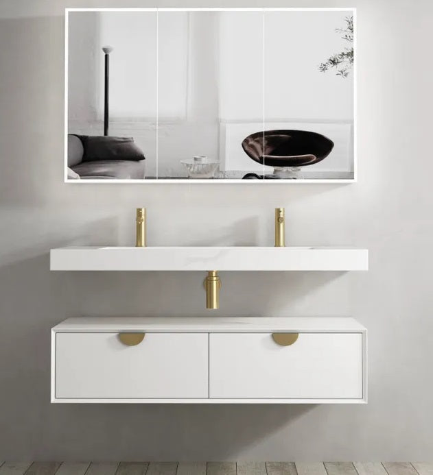 OTTI MOONLIGHT WHITE 1200MM DOUBLE BOWL WALL HUNG CABINET AND BASIN