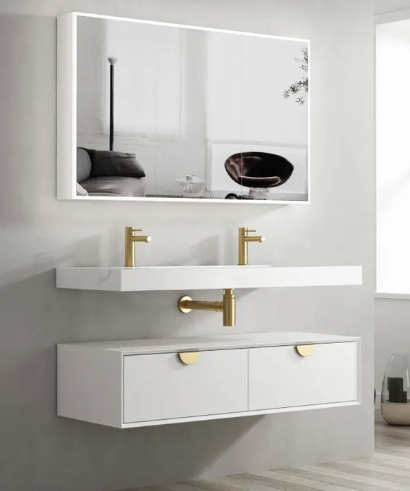 OTTI MOONLIGHT WHITE 1200MM DOUBLE BOWL WALL HUNG CABINET AND BASIN
