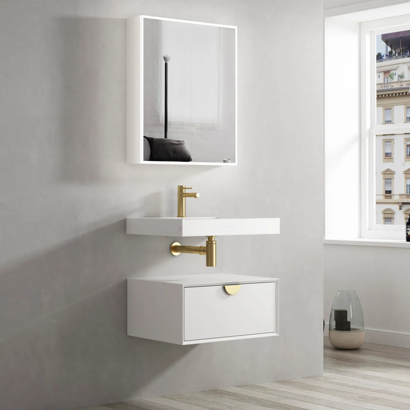 OTTI MOONLIGHT WHITE 600MM SINGLE BOWL WALL HUNG CABINET AND BASIN