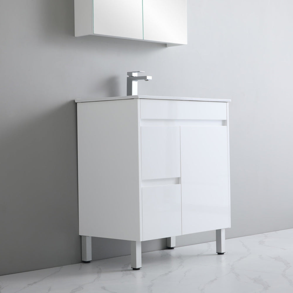 POSEIDON POLAR GLOSS WHITE 750MM SINGLE BOWL FLOOR STANDING VANITY (AVAILABLE IN LEFT AND RIGHT HAND DRAWER)