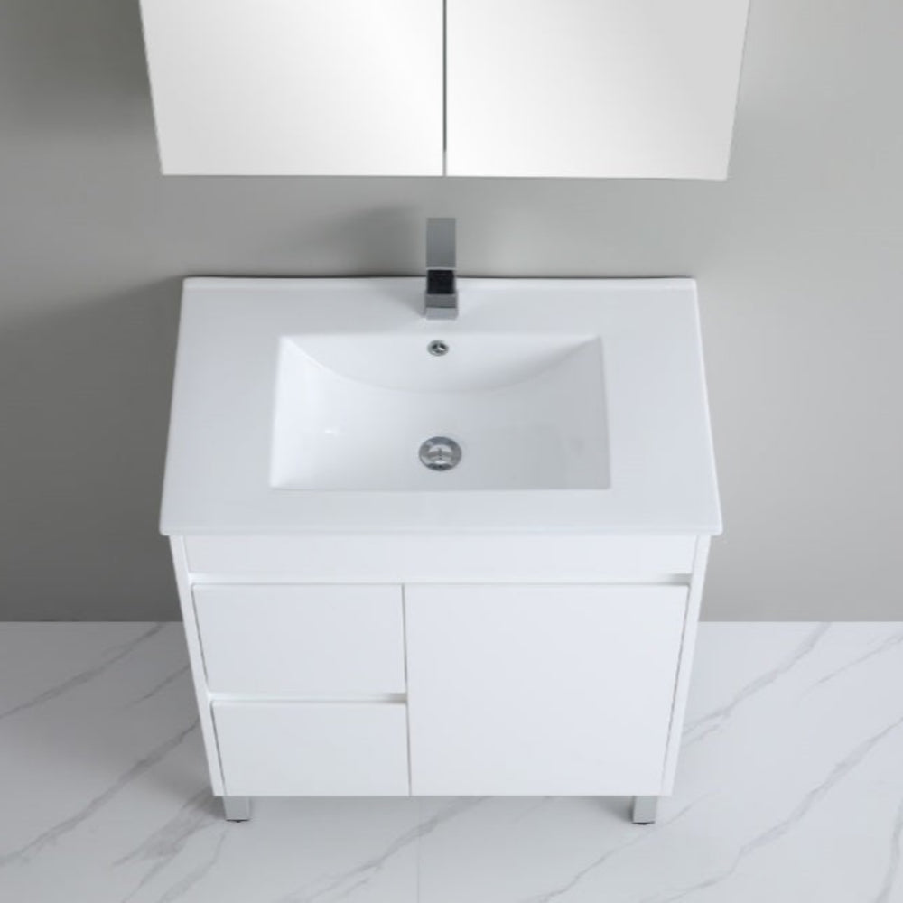 POSEIDON POLAR GLOSS WHITE 750MM SINGLE BOWL FLOOR STANDING VANITY (AVAILABLE IN LEFT AND RIGHT HAND DRAWER)