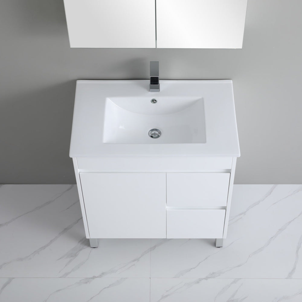 POSEIDON POLAR GLOSS WHITE 750MM SINGLE BOWL FLOOR STANDING VANITY (AVAILABLE IN LEFT AND RIGHT HAND DRAWER)