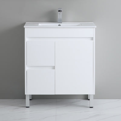 POSEIDON POLAR GLOSS WHITE 750MM SINGLE BOWL FLOOR STANDING VANITY (AVAILABLE IN LEFT AND RIGHT HAND DRAWER)