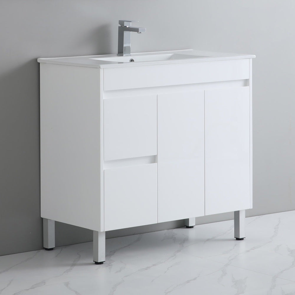 POSEIDON POLAR GLOSS WHITE 900MM SINGLE BOWL FLOOR STANDING VANITY (AVAILABLE IN LEFT AND RIGHT HAND DRAWER)
