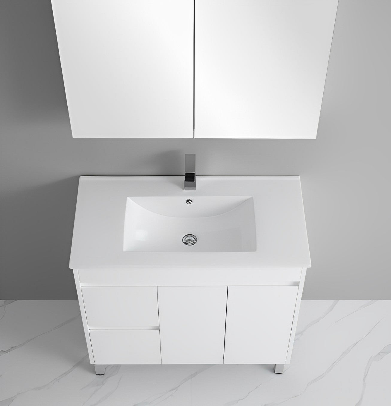 POSEIDON WHITE 900MM SINGLE BOWL FLOOR STANDING VANITY (AVAILABLE IN LEFT AND RIGHT HAND DRAWER)