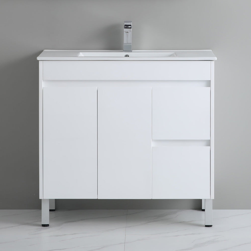 POSEIDON POLAR GLOSS WHITE 900MM SINGLE BOWL FLOOR STANDING VANITY (AVAILABLE IN LEFT AND RIGHT HAND DRAWER)