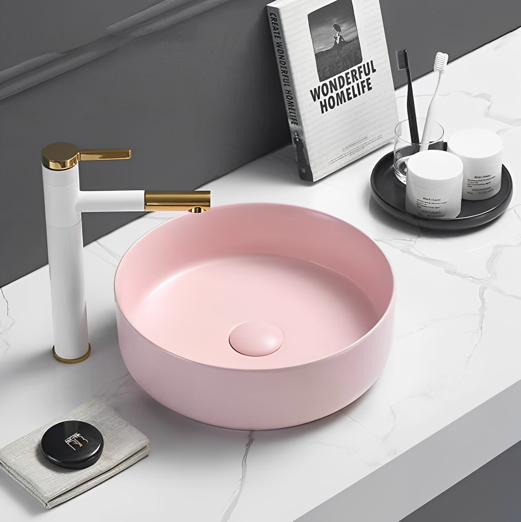 POSEIDON FINE CERAMIC BASIN MATTE PINK 355MM