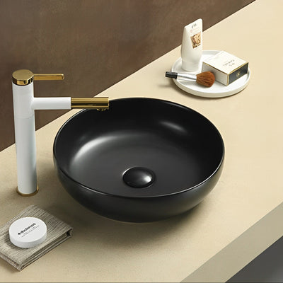 POSEIDON ROUND ABOVE COUNTER CERAMIC ART BASIN MATTE BLACK 370MM