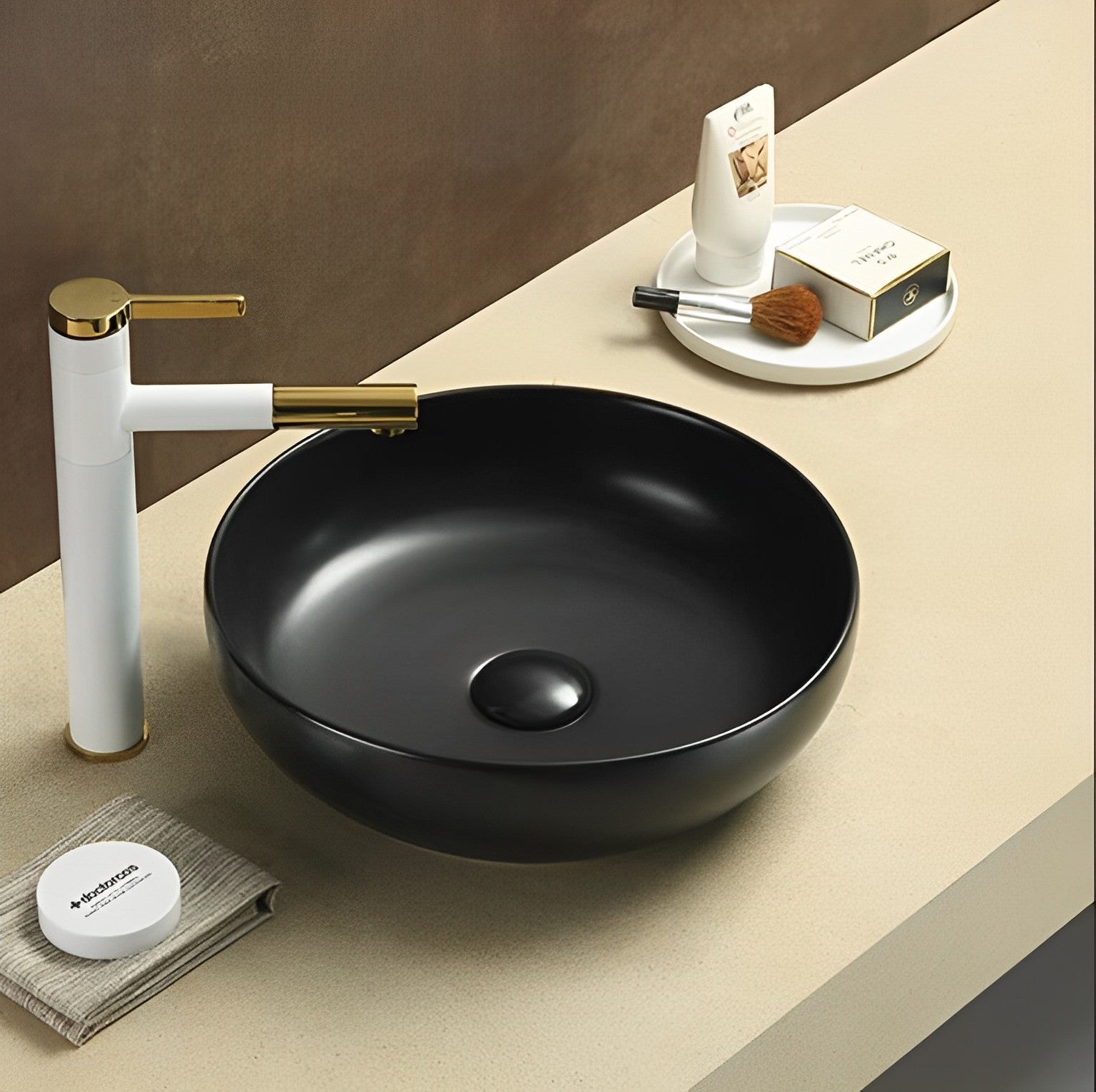 POSEIDON ROUND ABOVE COUNTER CERAMIC ART BASIN MATTE BLACK 370MM